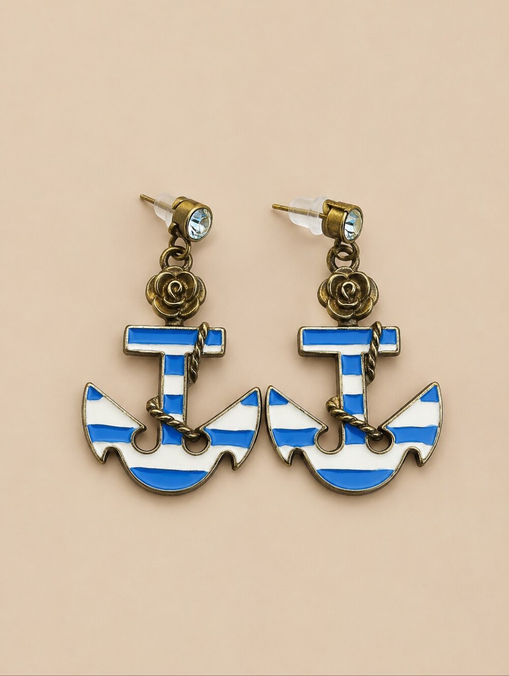 VTG Navy Blue White Striped Nautical Ship Anchor Sailor Earrings